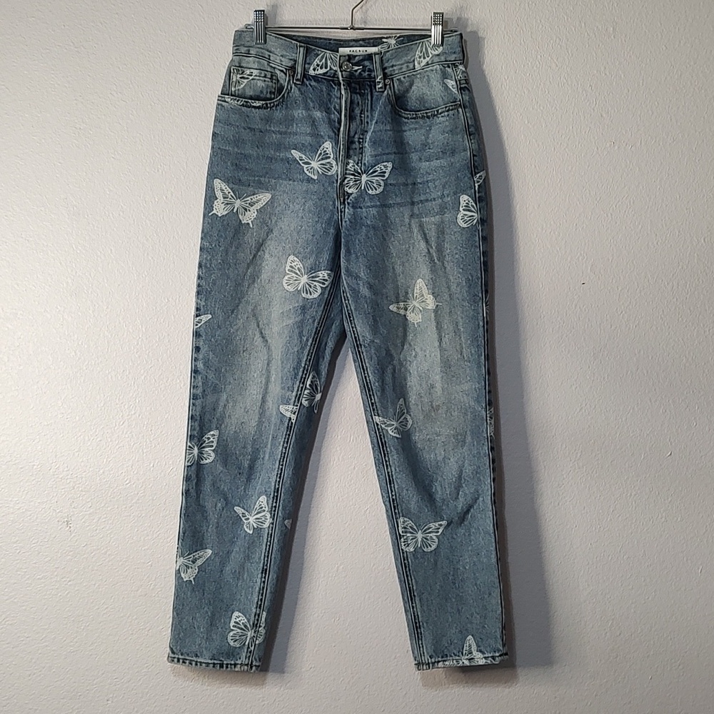 Pacsun Ultra High Rise Slim Button Fly Butterfly Theme Blue Jeans Size 26 - Picture 3 of 8